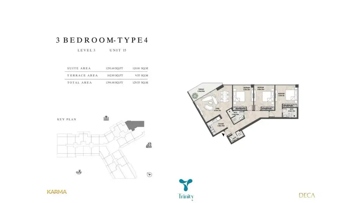 Deca Trinity 3 BR Apartment Floor Plan 1,394 Sq. Ft.