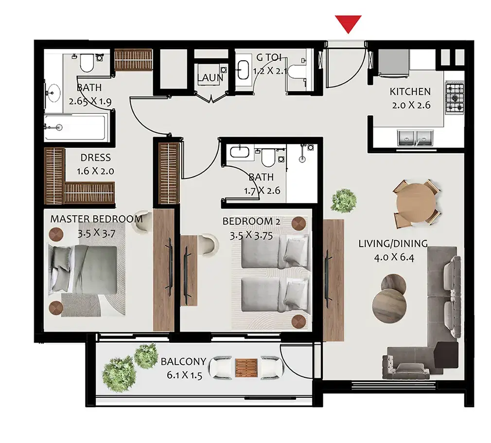 Hillside Residences 3 at Wasl Gate 2 BR Apartment Floor Plan