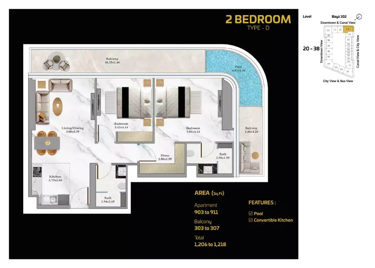 Danube Bayz 102 In Business Bay Dubai 2 Bedroom Apartments Floor Plan