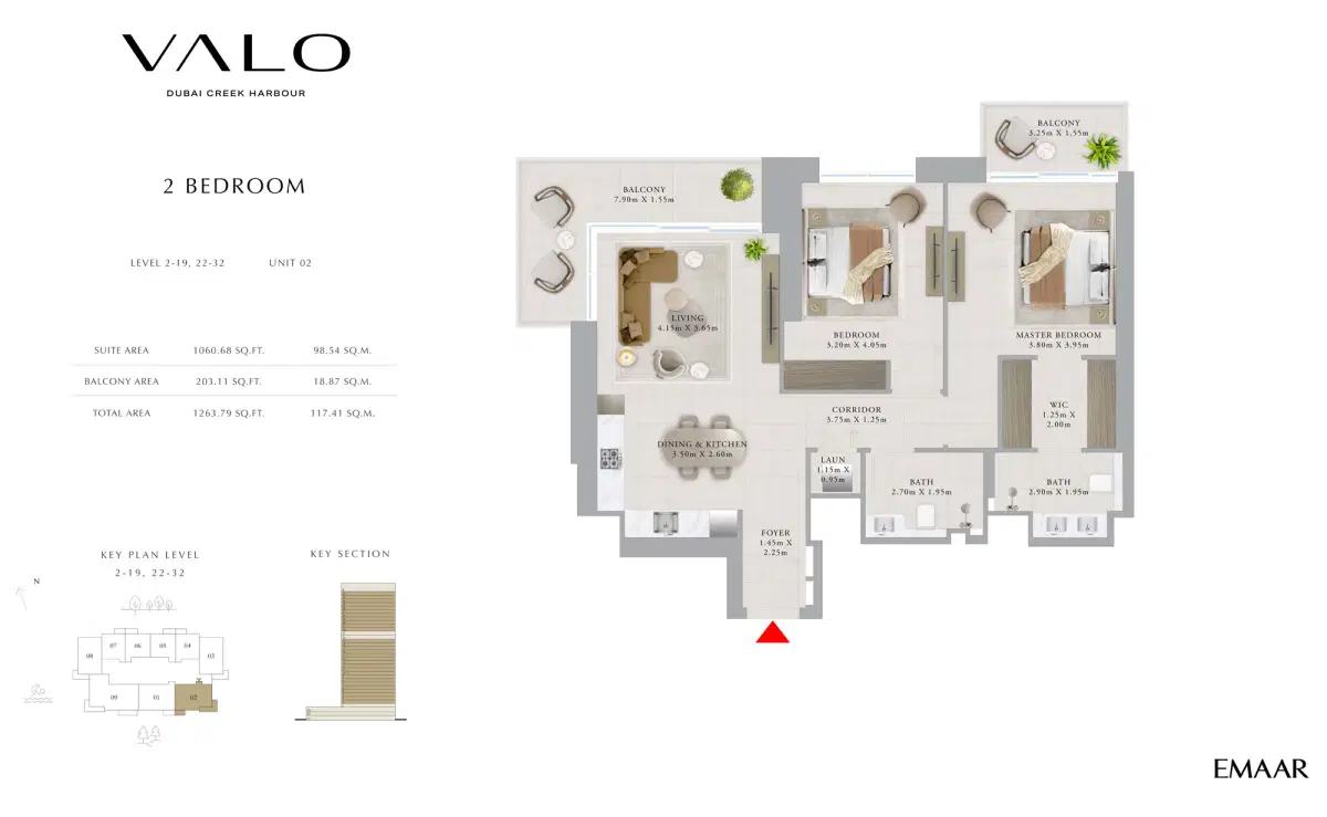 Emaar Valo Dubai 2 BR Apartment Floor Plan 1,263 Sq. ft.