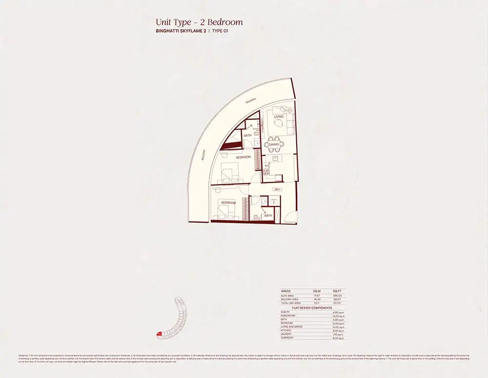 Binghatti Skyflame 2 At Dubailand 2 Bedroom Apartment Floor Plan