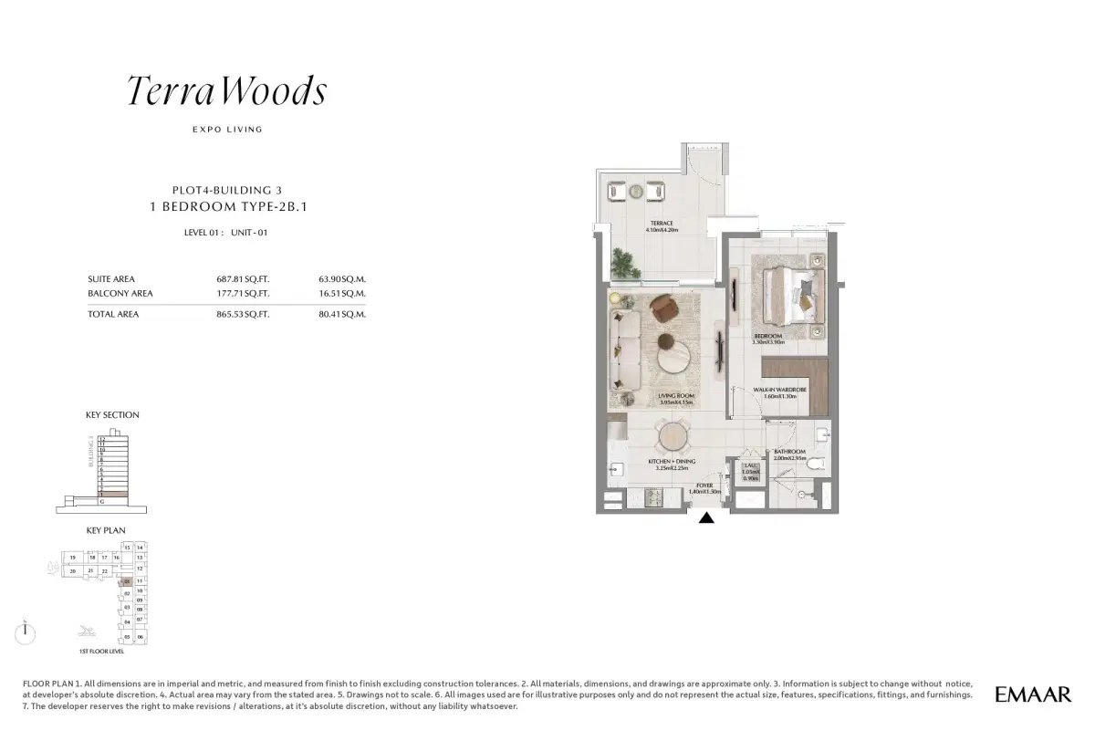 Terra Woods at Dubai South 1 BR Floor Plan 865 Sq. Ft.