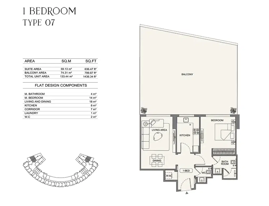 Binghatti Wraith at Al Jaddaf 1 BR Floor Plan 1,436 Sq. Ft.
