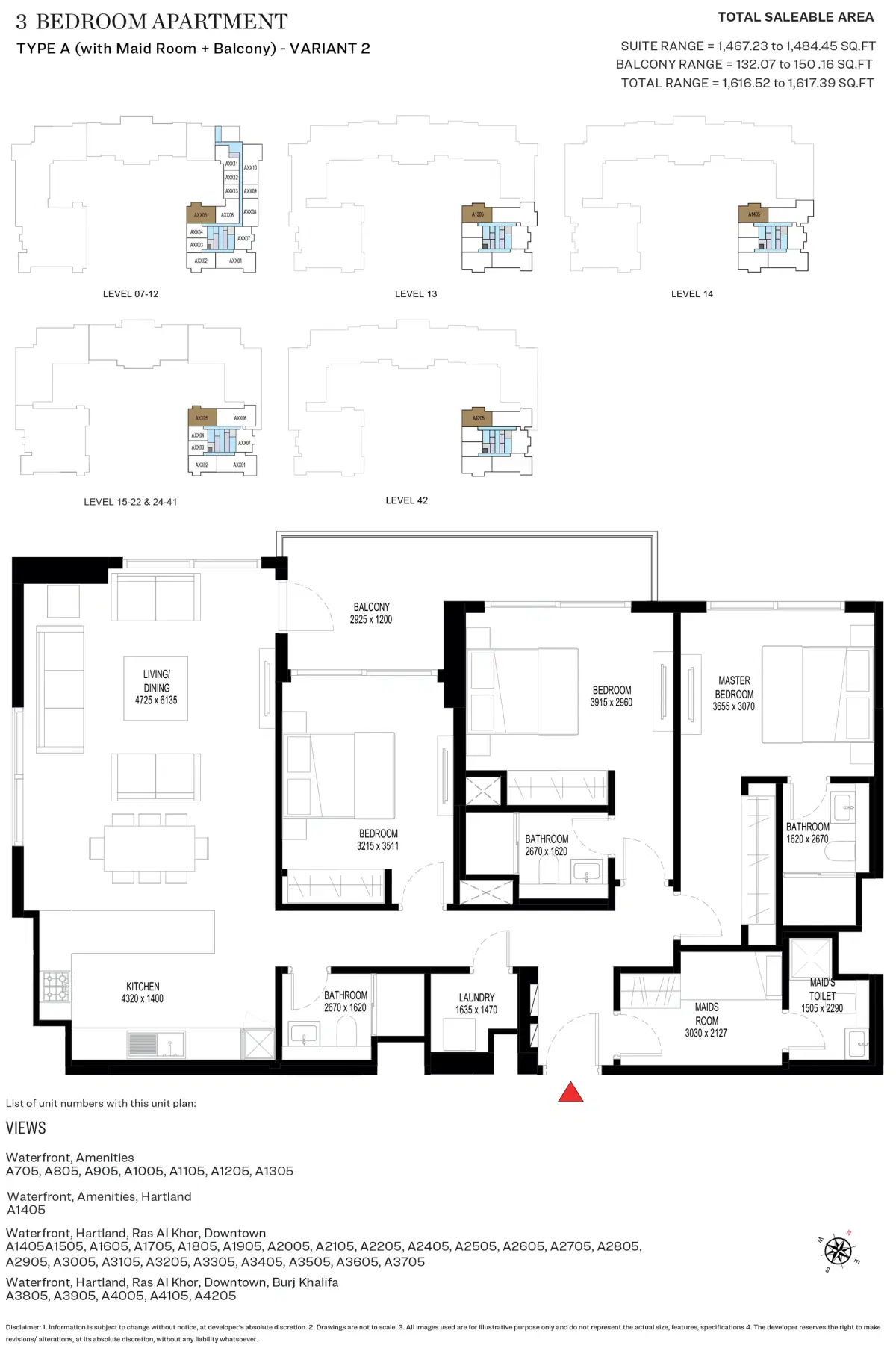 SOBHA Crest Grande Dubai 3 BR Floor Plan 1,617 Sq. Ft.