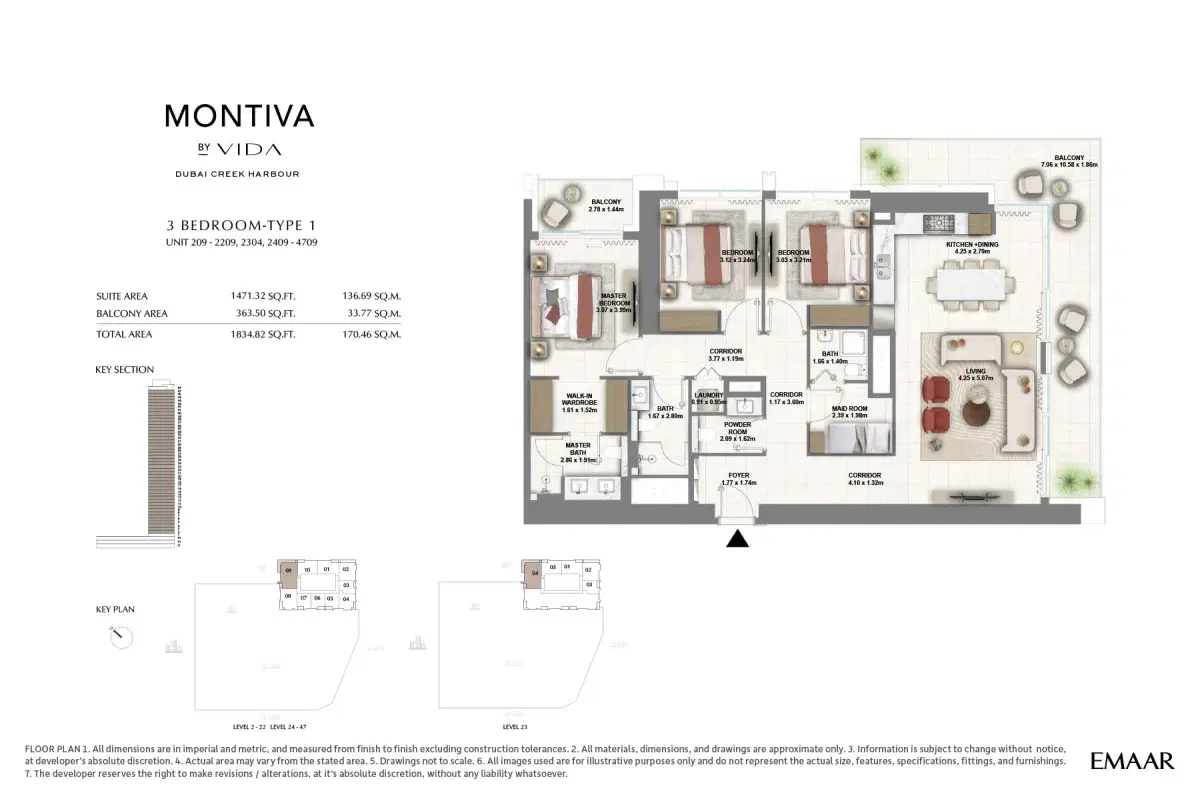 Emaar Montiva by Vida at Dubai Creek Harbour  3 BR Floor Plan 1,834 Sq. Ft.