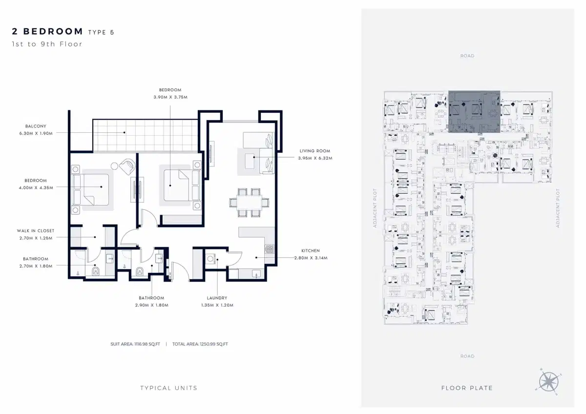 AZIZI Central Dubai 2 BR Floor Plan 1,250 Sq. Ft.