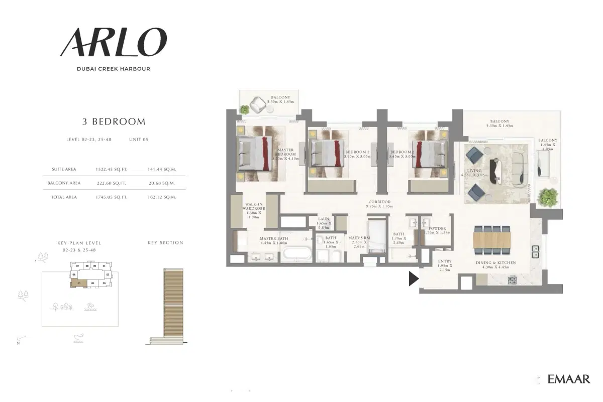 Emaar Arlo Dubai Creek Harbour 3 Bedroom Apartments Floor Plan