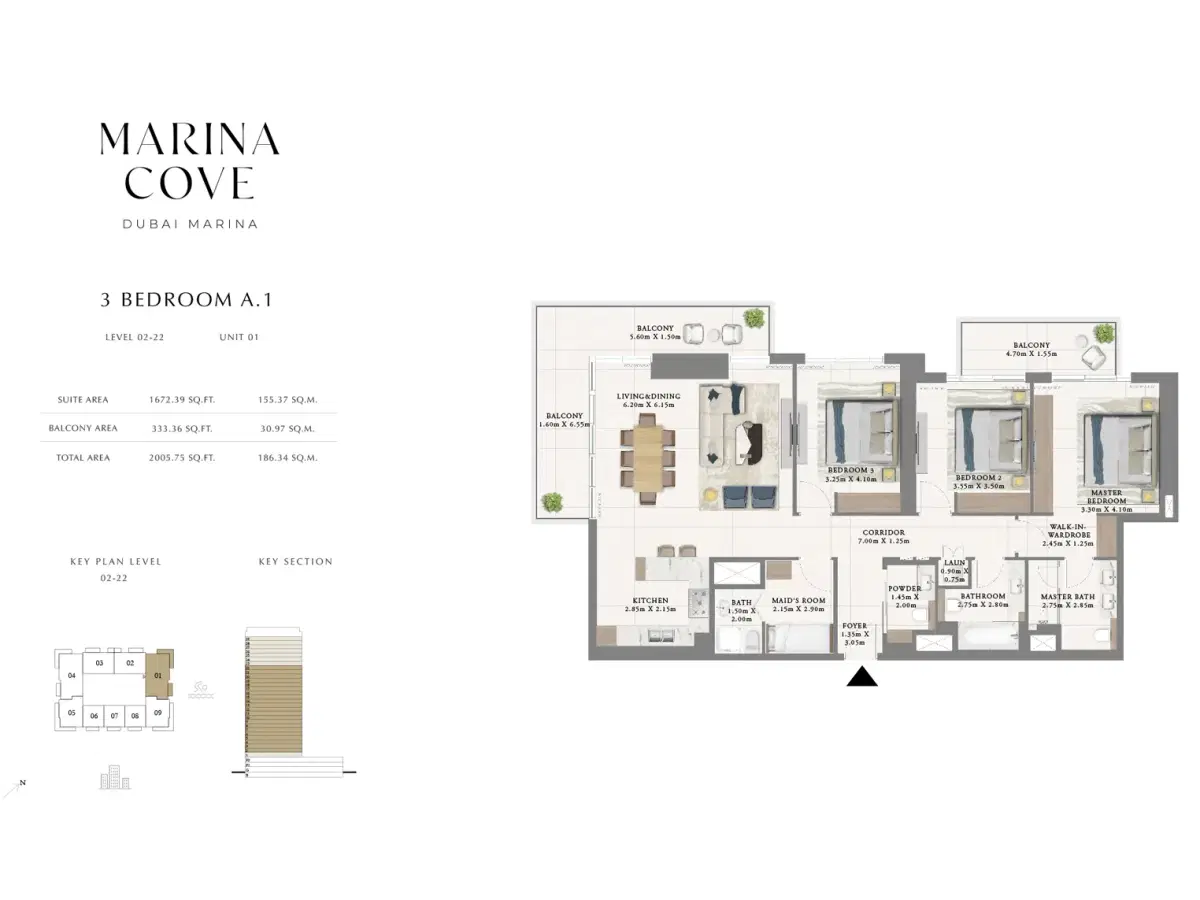Emaar Marina Cove Dubai 3 BR Floor Plan 2,005 Sq. Ft.