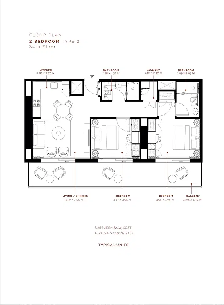 Milan Heights Azizi at City of Arabia 2 BR Floor Plan 1,102 Sq.ft