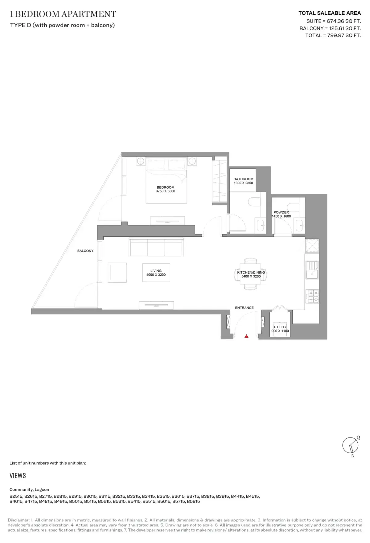 Sobha Hartland 2 Skyvue Solair 1 BR Floor Plan 799 Sq. Ft.
