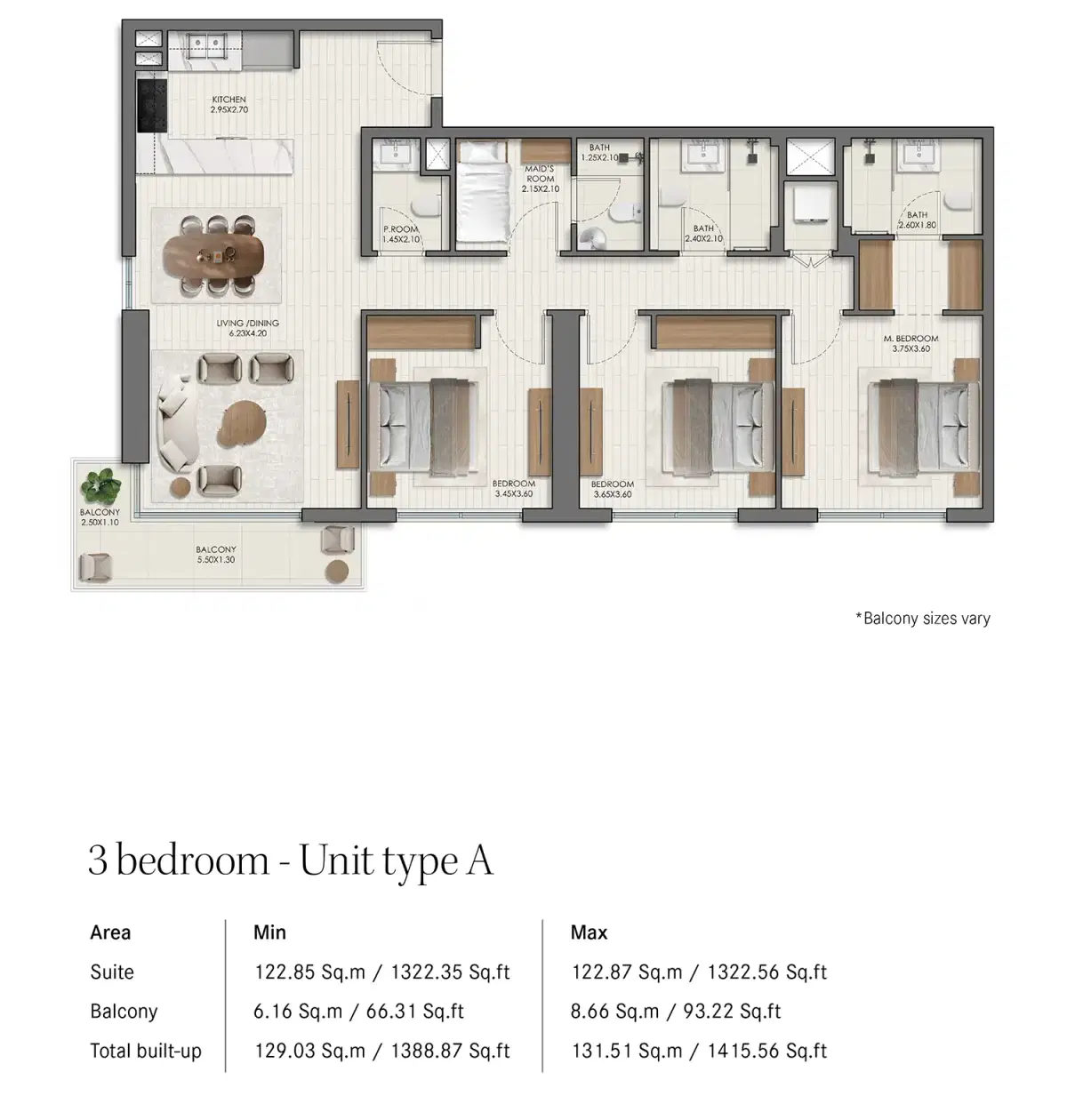 Nshama Belmont At Town Square Dubai 3 BR Apartment Floor Plan