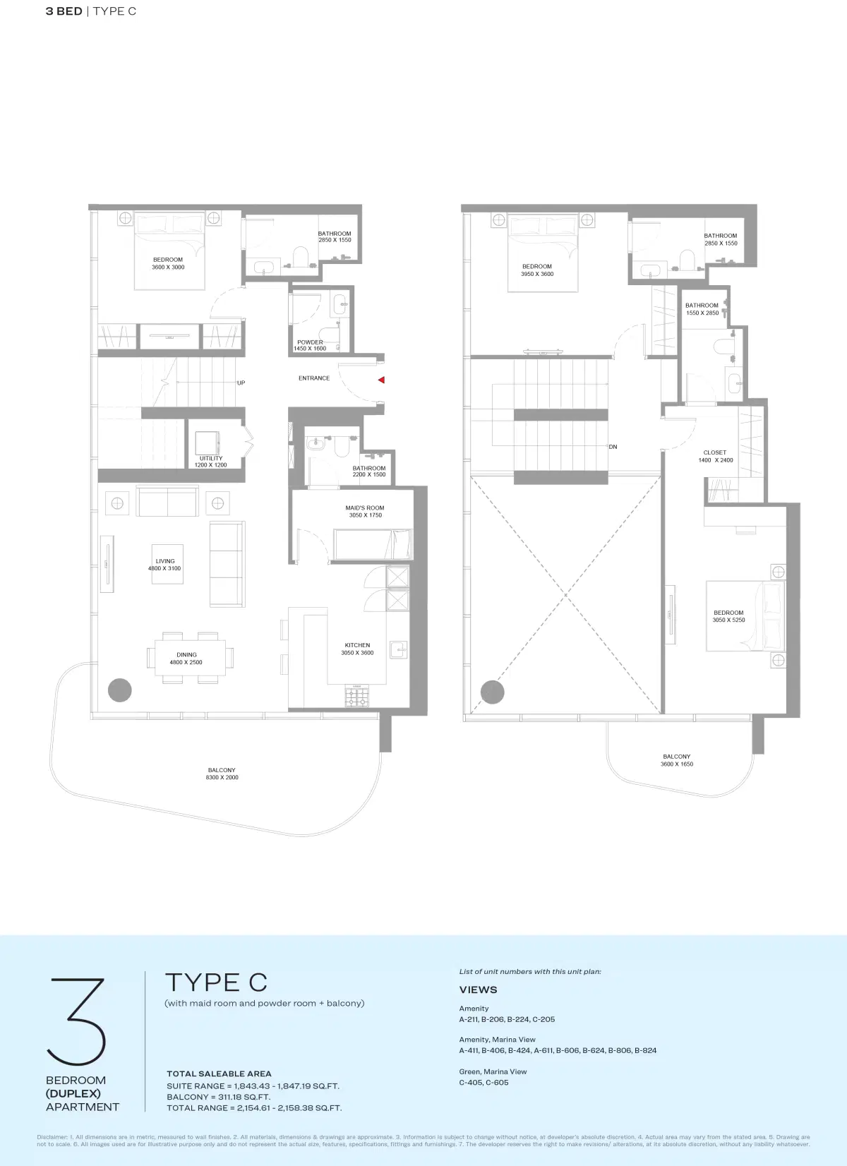 Sobha Bayside Marina Residences At Siniya Island 3 Bedroom Duplex Apartments Floor Plan