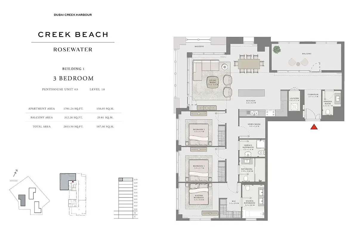 EMAAR Rosewater Dubai 3 BR Floor Plan 2,013 Sq. Ft.