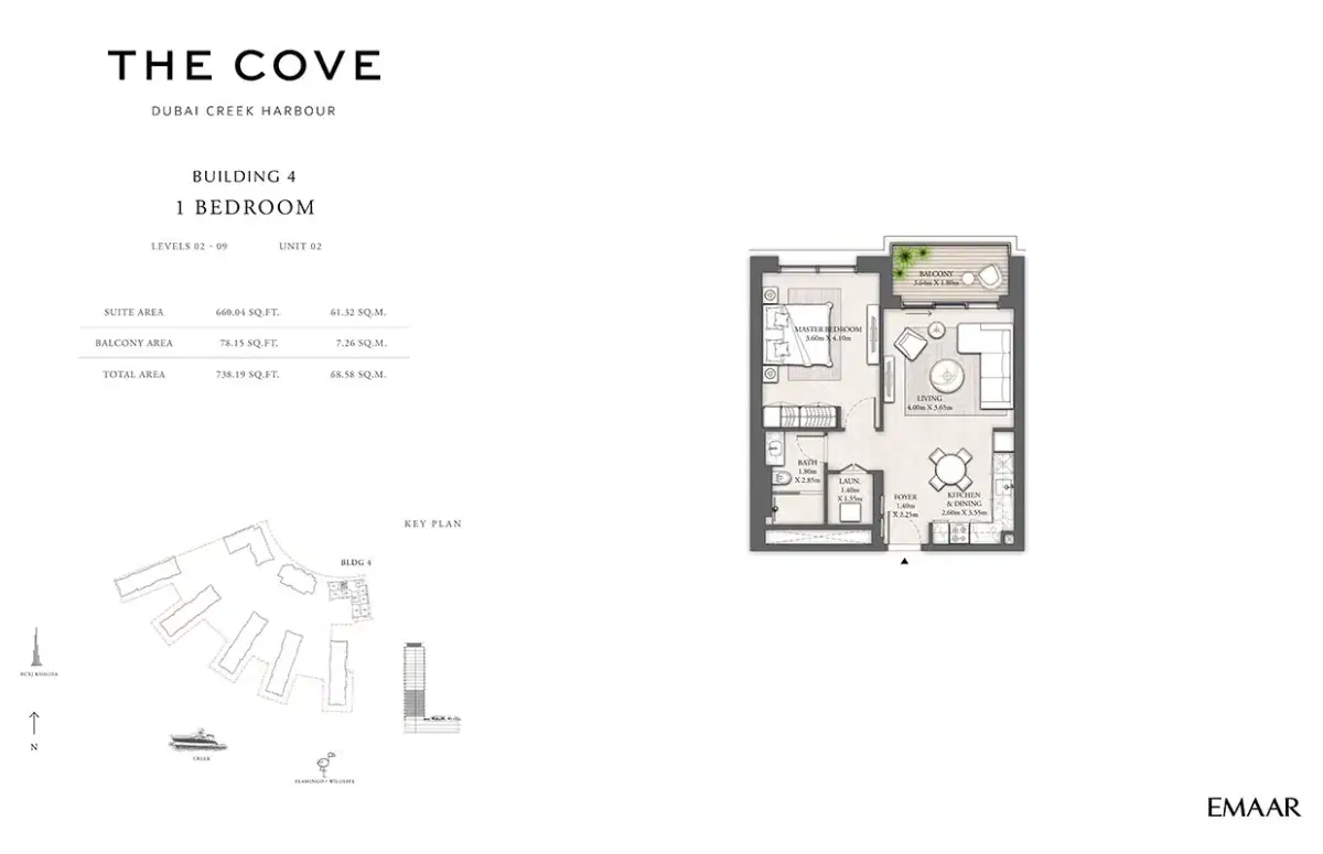 EMAAR The Cove 2 Dubai 1 BR Floor Plan 738 Sq. Ft.
