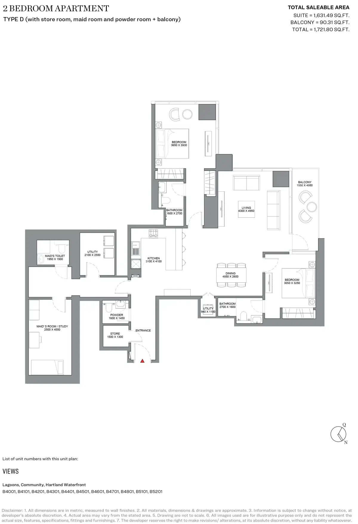 Sobha Skyscape Avenue Dubai 2 BR Floor Plan 1,722 Sq. Ft.