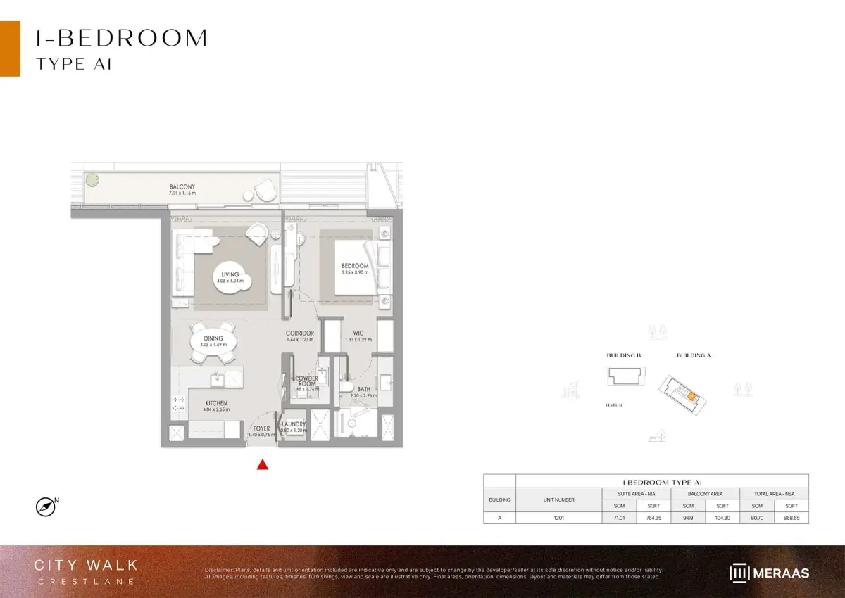 Meraas City Walk Crestlane 5 1 BR Apartment Floor Plan