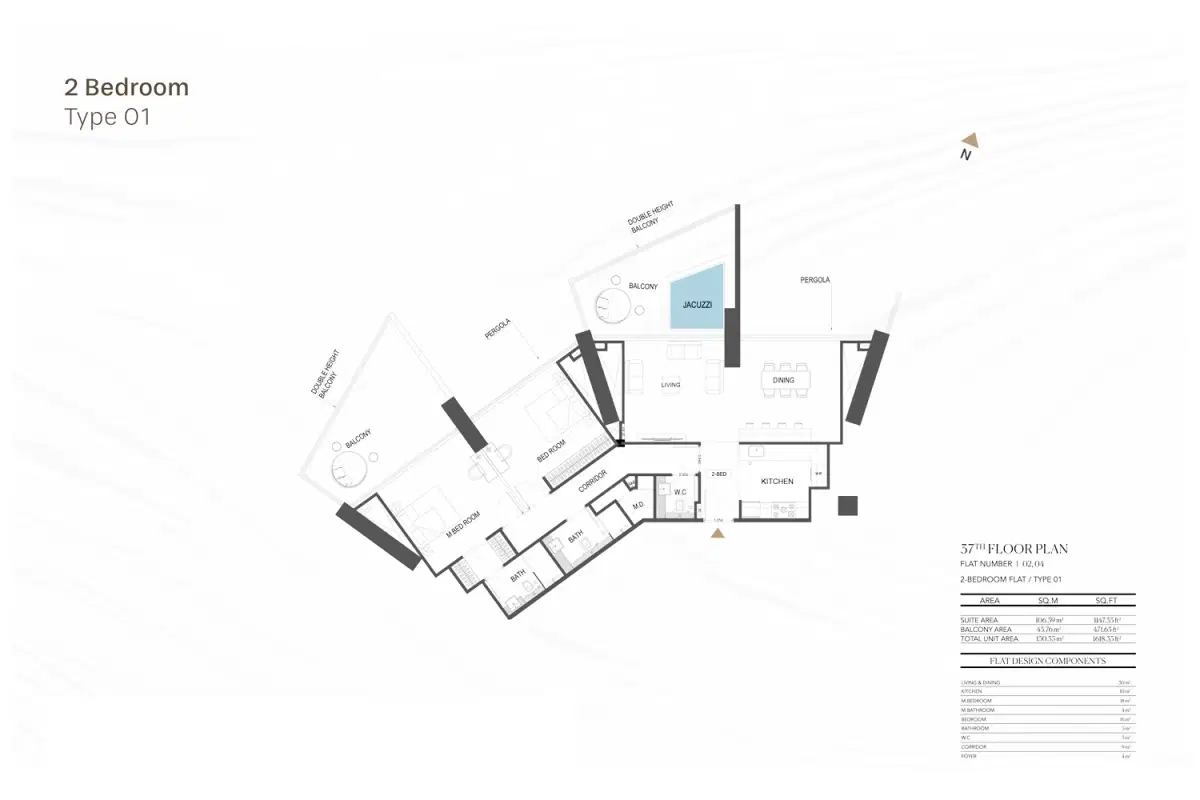 Binghatti Royale Jumeirah Village Circle 2 BR Appartment Floor Plan