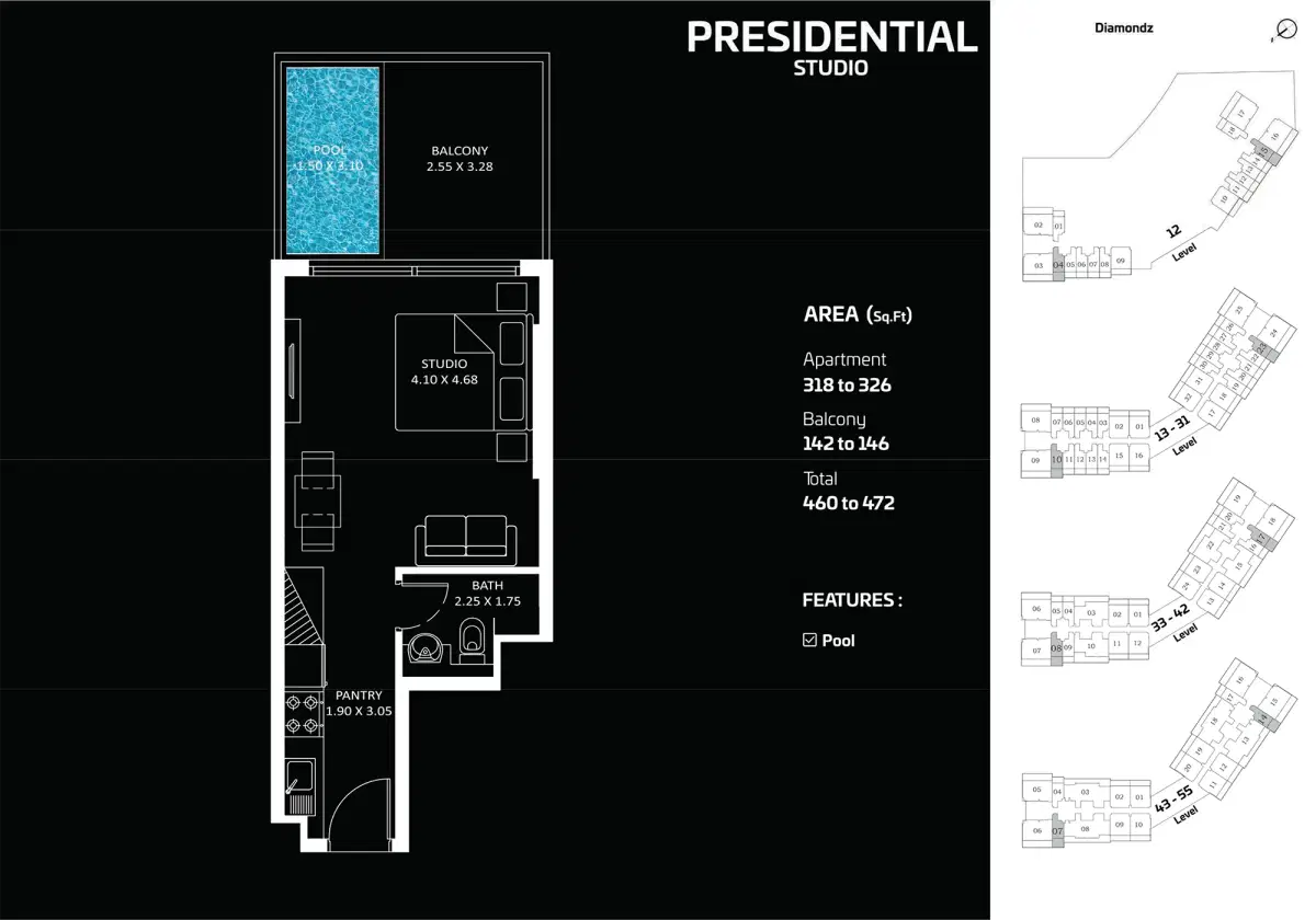 Danube Diamondz Dubai Studios Floor Plan 472 Sq. Ft.