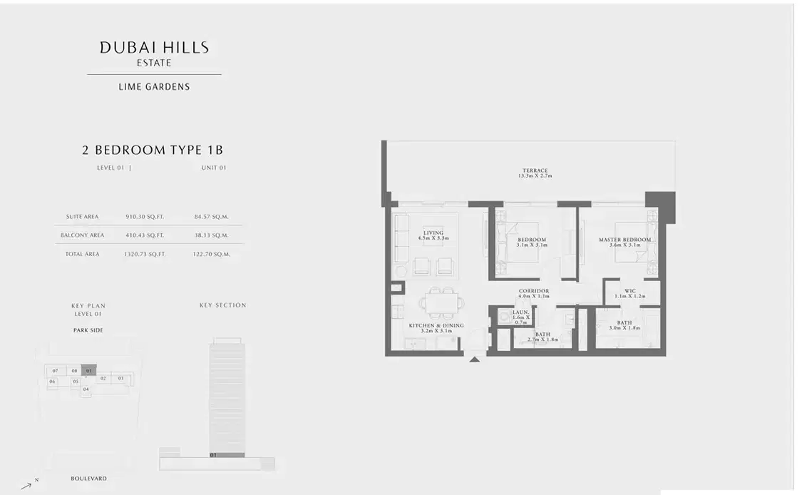 EMAAR Lime Gardens Dubai 2 BR Floor Plan 1,320 Sq. Ft.