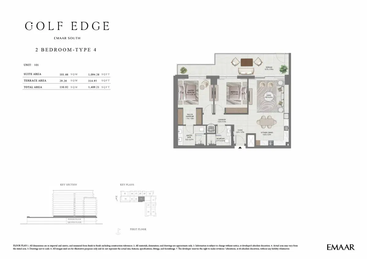 Emaar Golf Edge 2 BR Floor Plan 1,409 Sq. Ft.