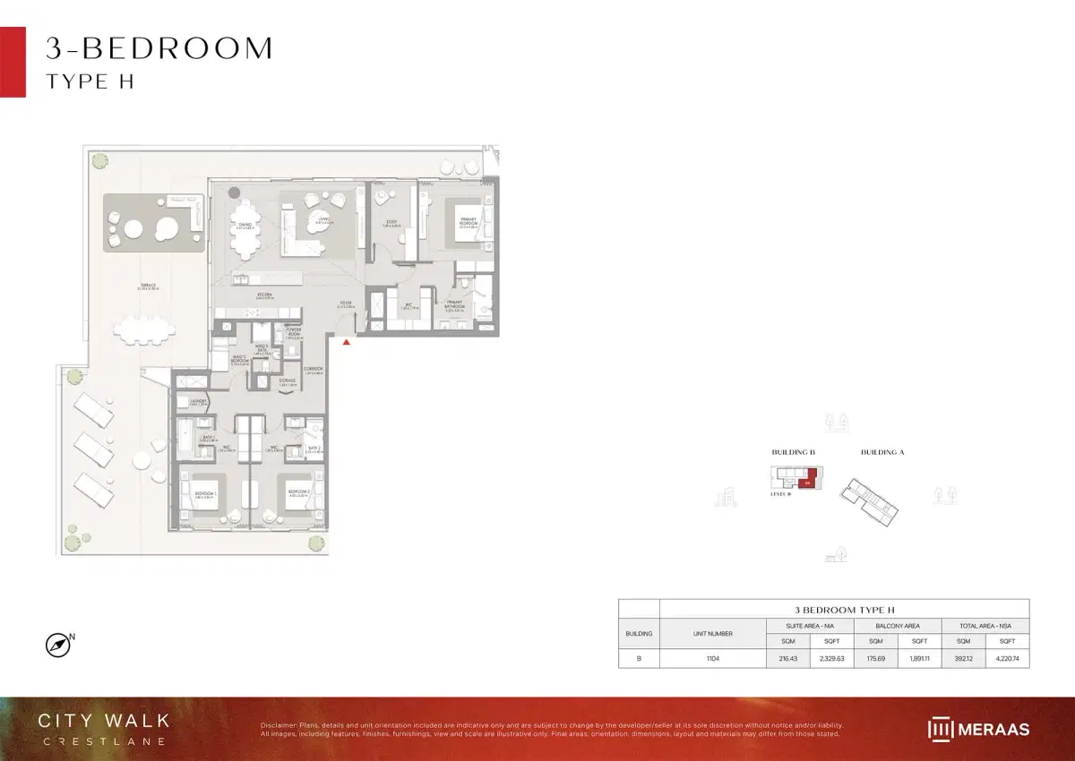 Meraas City Walk Crestlane 5 3 BR Apartment Floor Plan