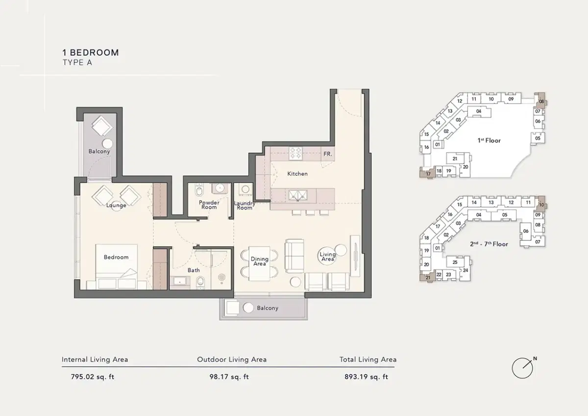 Ellington Arbor View Dubai 1 BR Floor Plan 893 Sq. Ft.