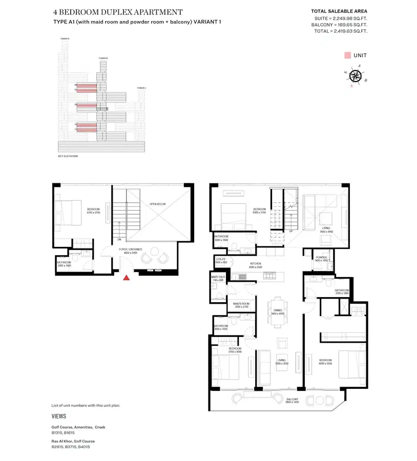 Sobha One & Sobha Hartland 2 Dubai 4 BR Floor Plan 2,419Sq. Ft.
