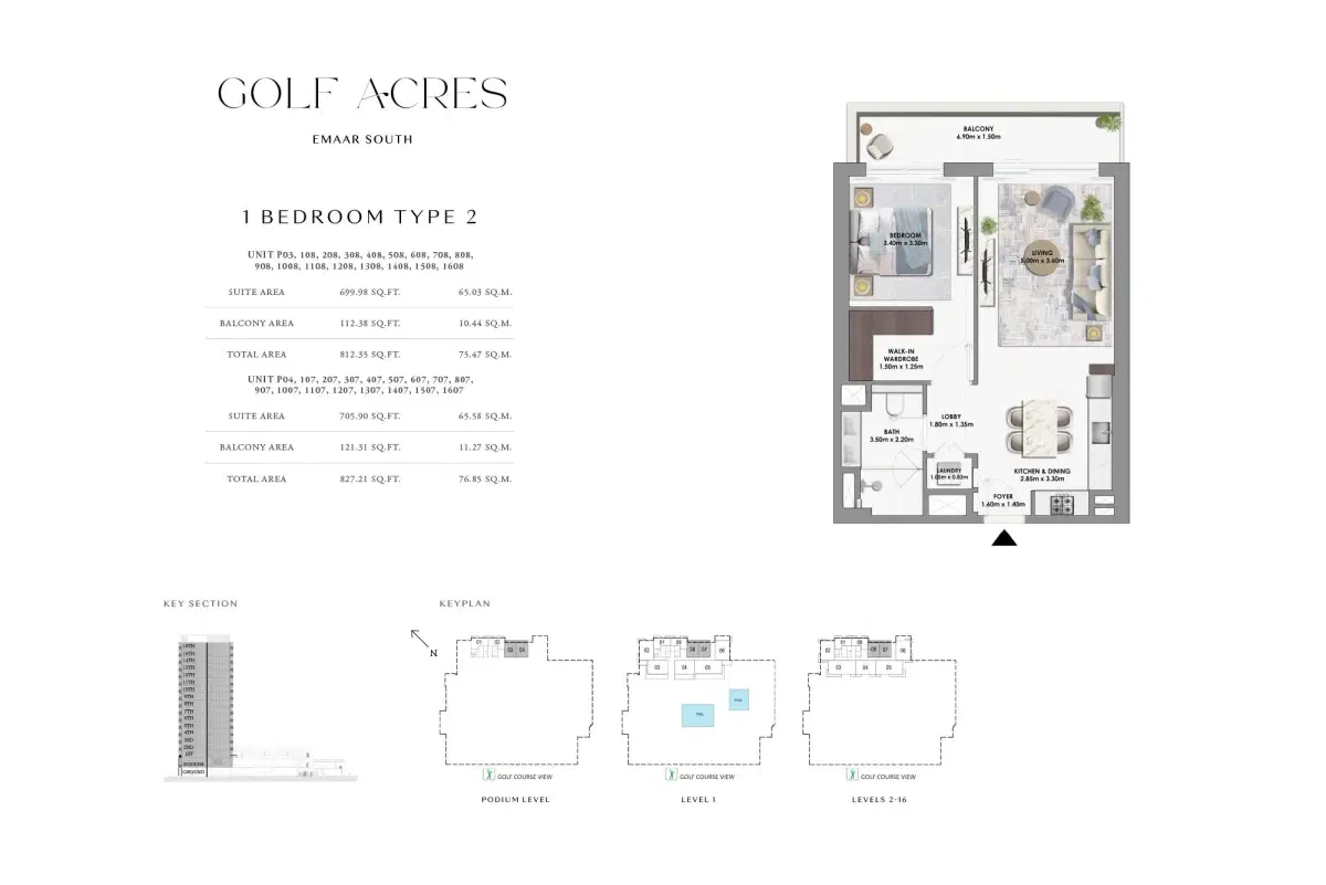 Emaar Golf Acres 1 BR Floor Plan 827 Sq. Ft.