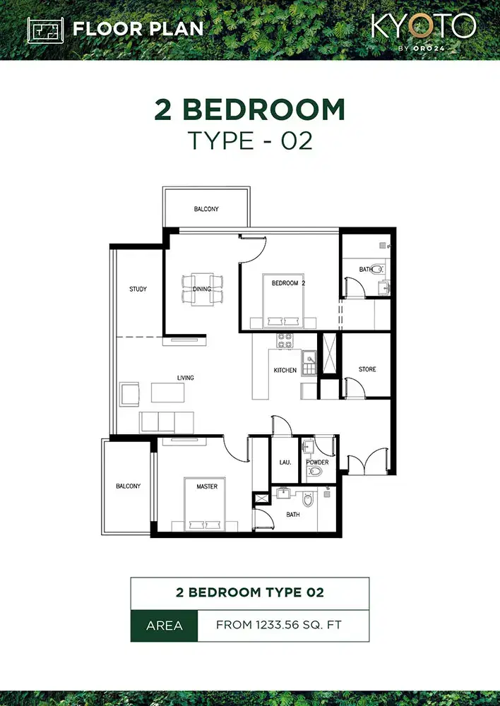 Kyoto by ORO24 at Arjan Dubai 2 BR Floor Plan 1,233 Sq. Ft.