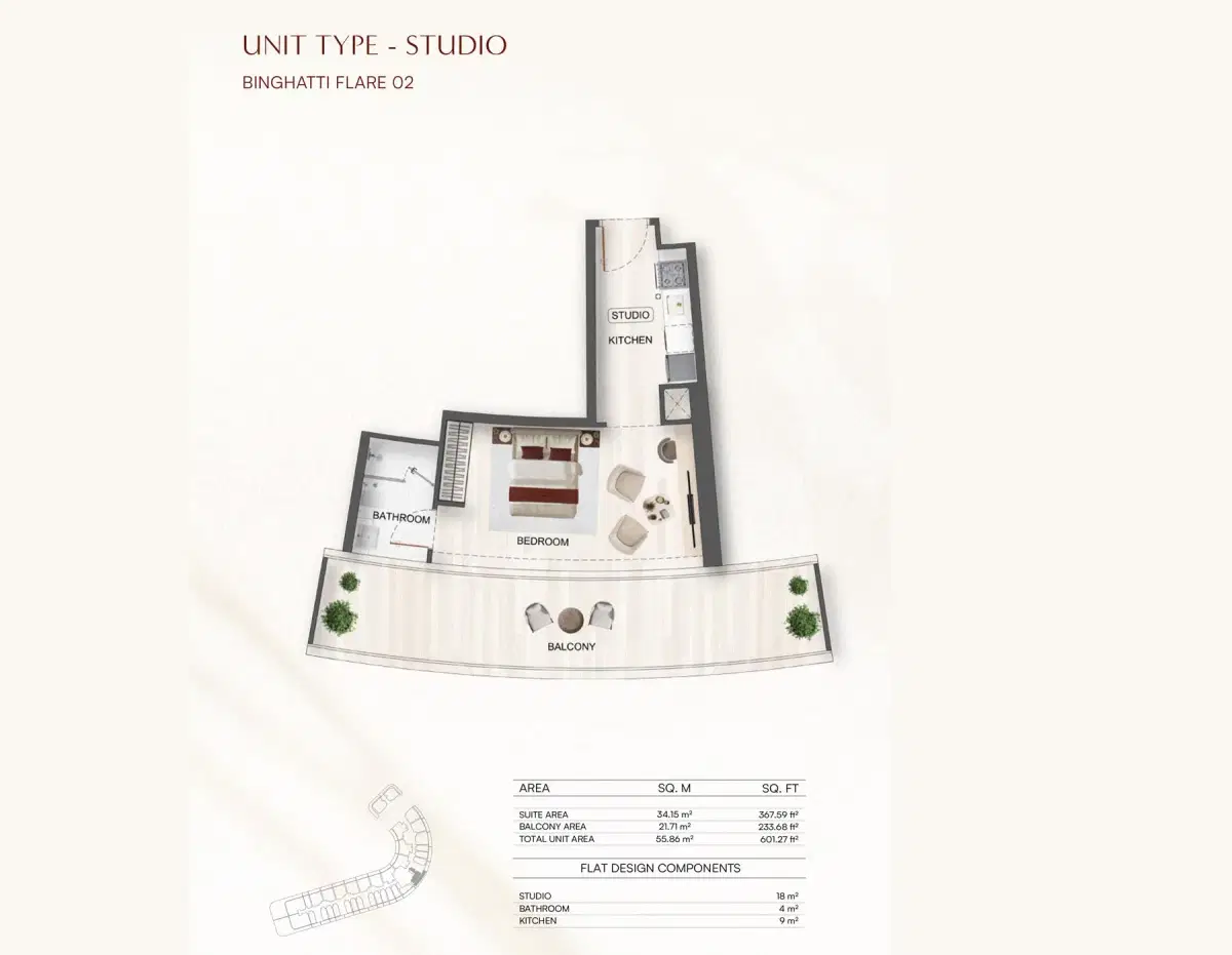 Binghatti Flare at Jumeirah Village Triangle Studios Floor Plan 601 Sq. Ft.