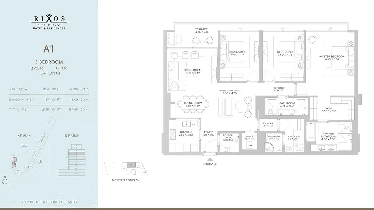 Nakheel Rixos Dubai 3 BR Floor Plan 2,018 Sq. Ft.