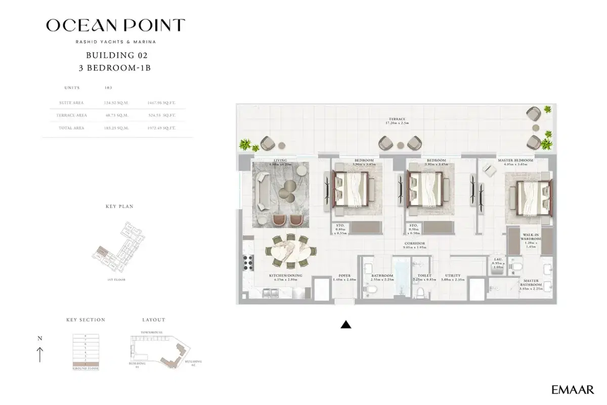 Emaar Ocean Point Rashid Yachts Marina 3 BR Apartments Floor Plan