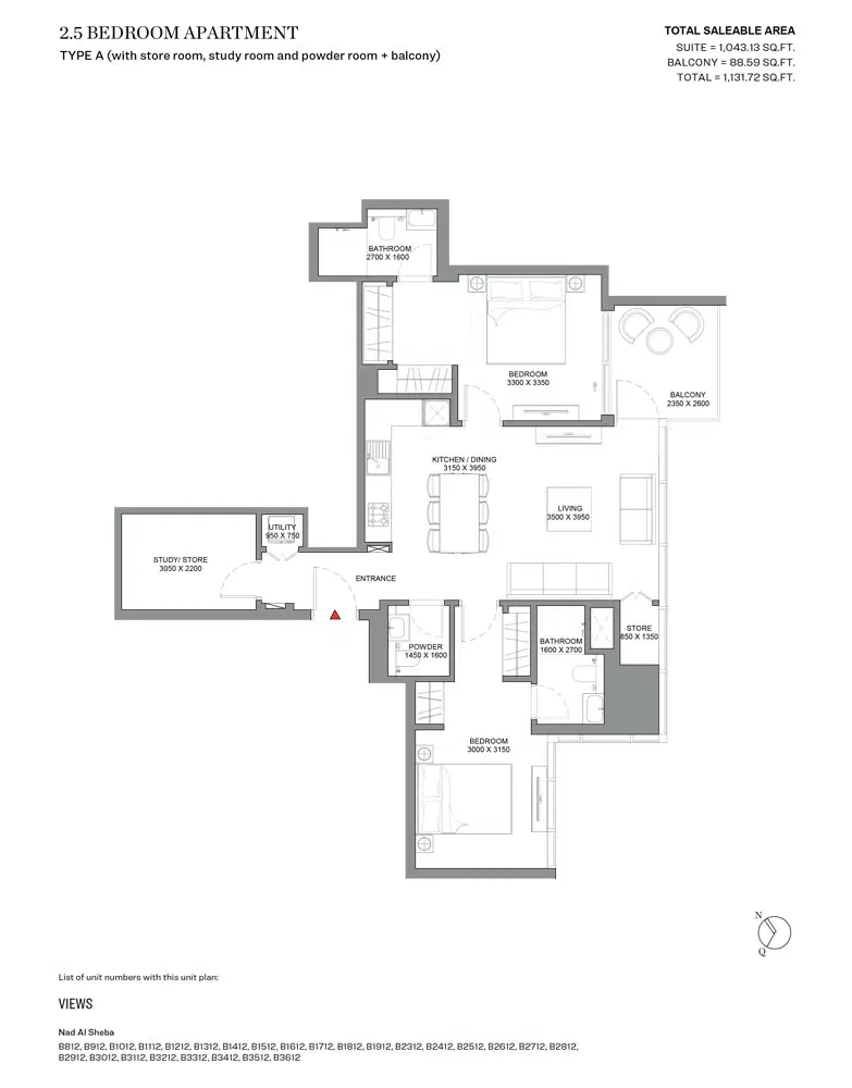 Skyscape Avenue Sobha Hartland 2 2.5 Bedroom Apartments Floor Plan
