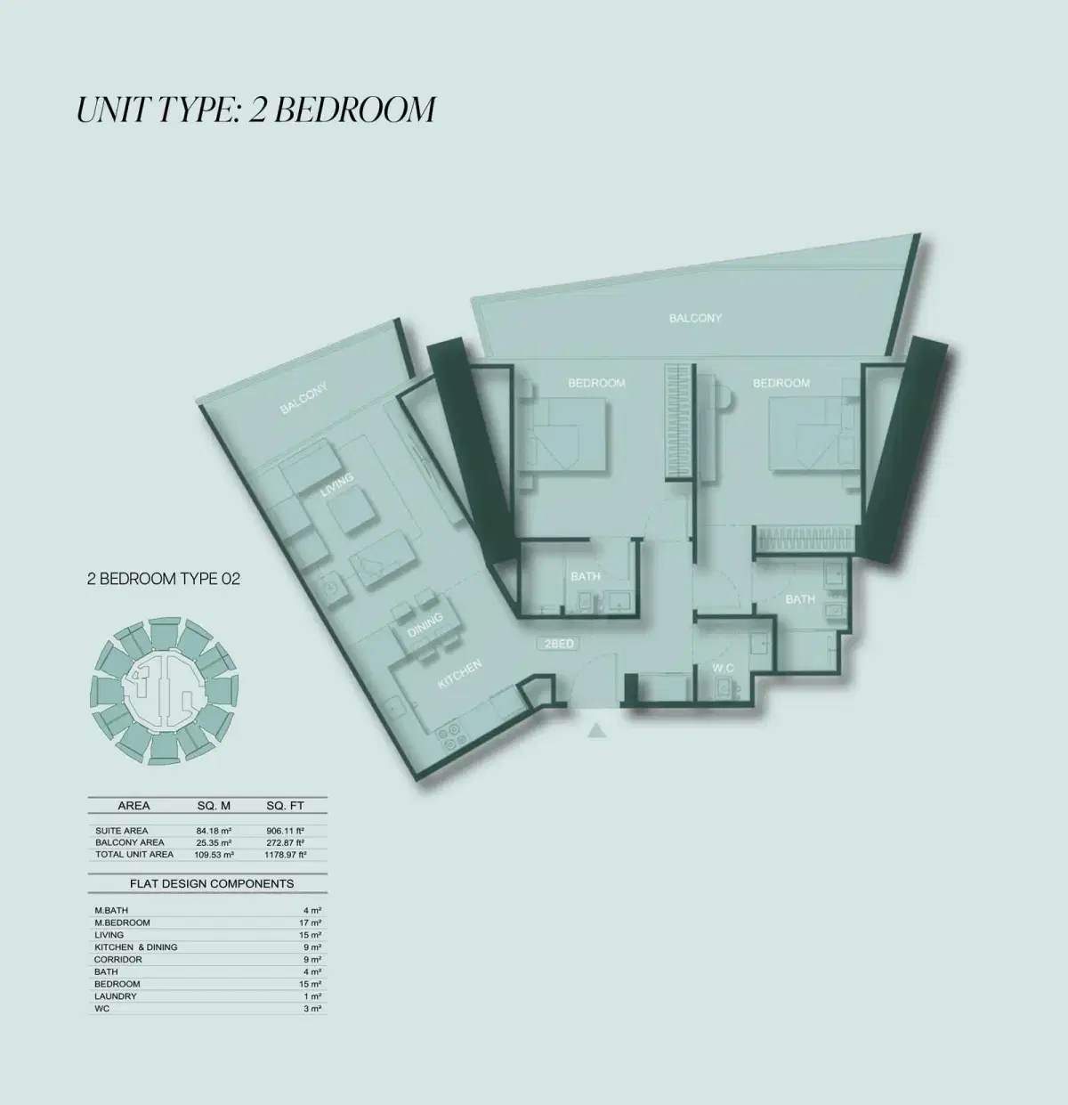 Binghatti Circle at Jumeirah Village Circle 2 BR Floor Plan 1178 Sq.Ft