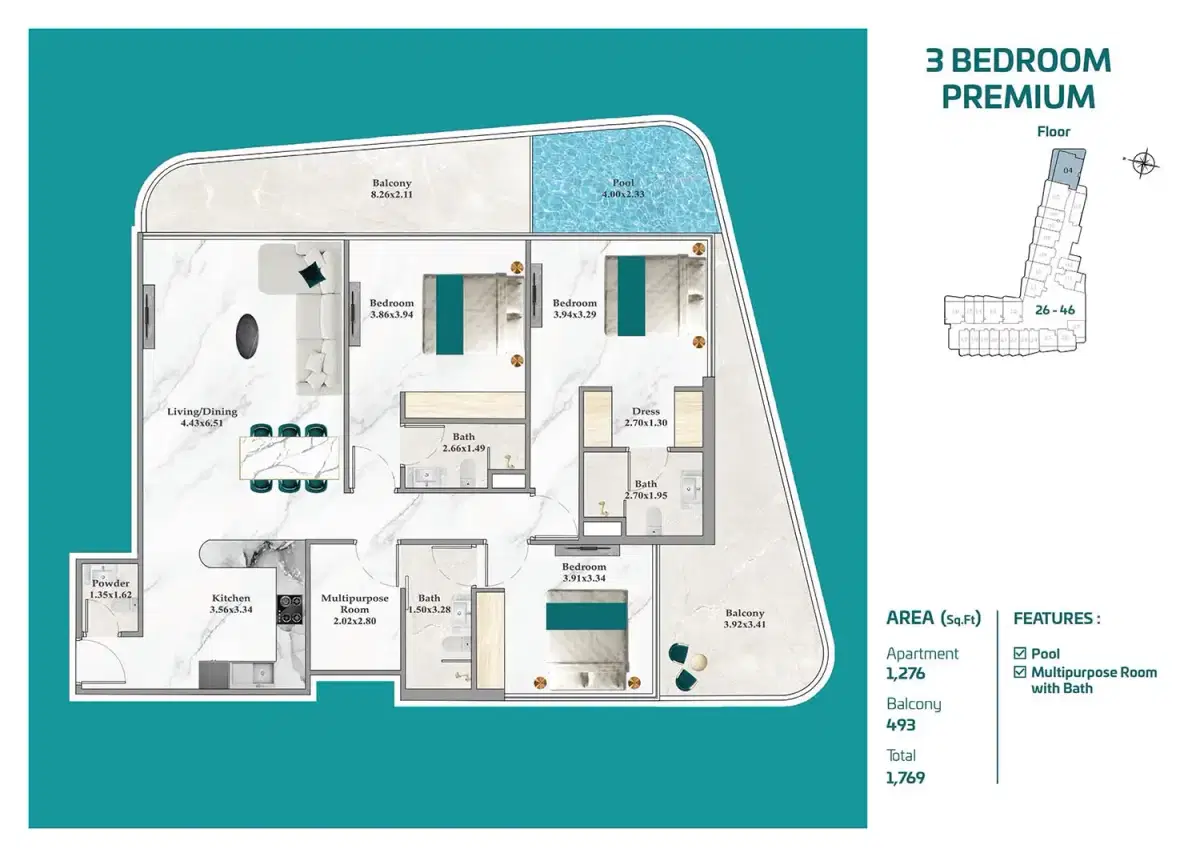 Breez By Danube Dubai Maritime City 3 BR Apartment Floor Plan