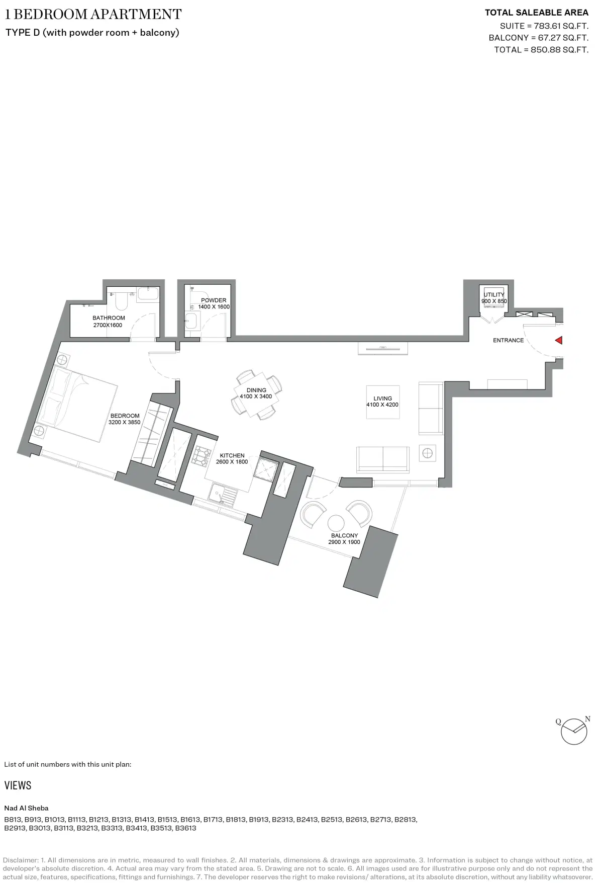 Sobha Skyscape Avenue Dubai 1 BR Floor Plan 850 Sq. Ft.