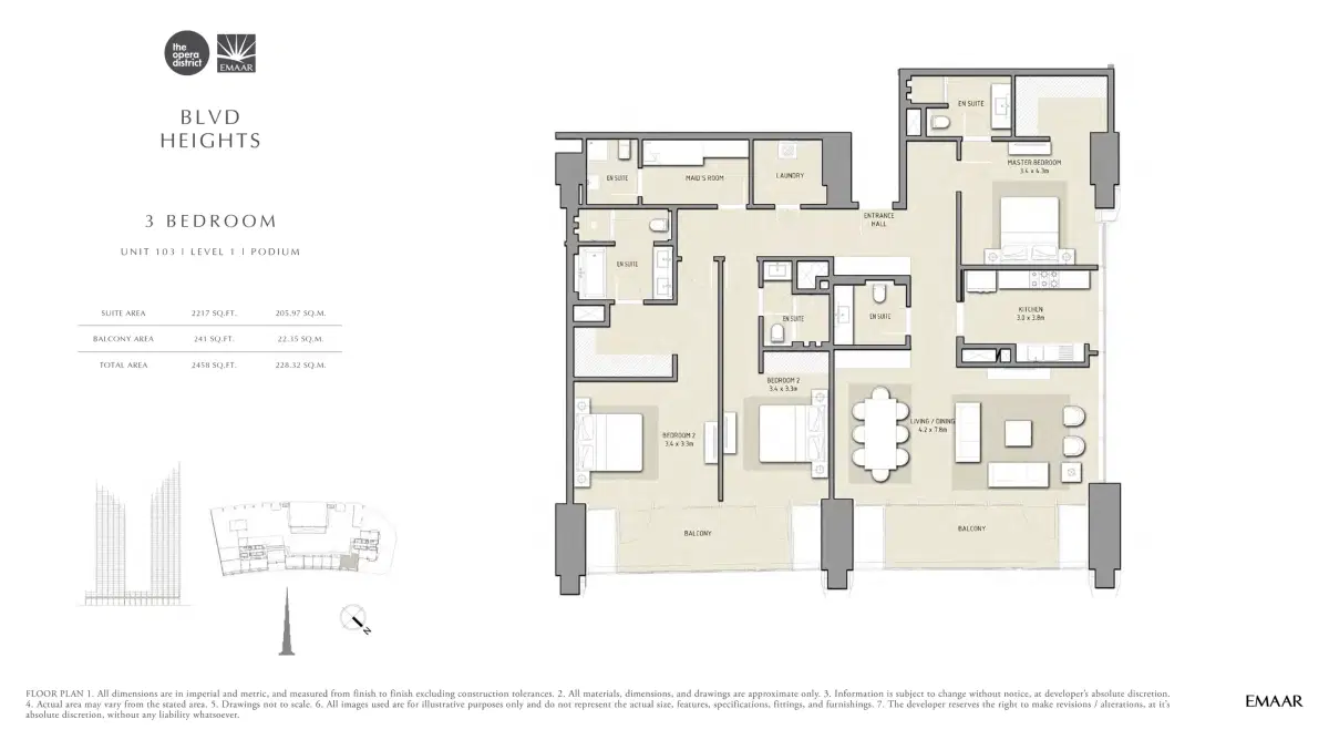Emaar Boulevard Heights 3 BR Apartment Floor Plan