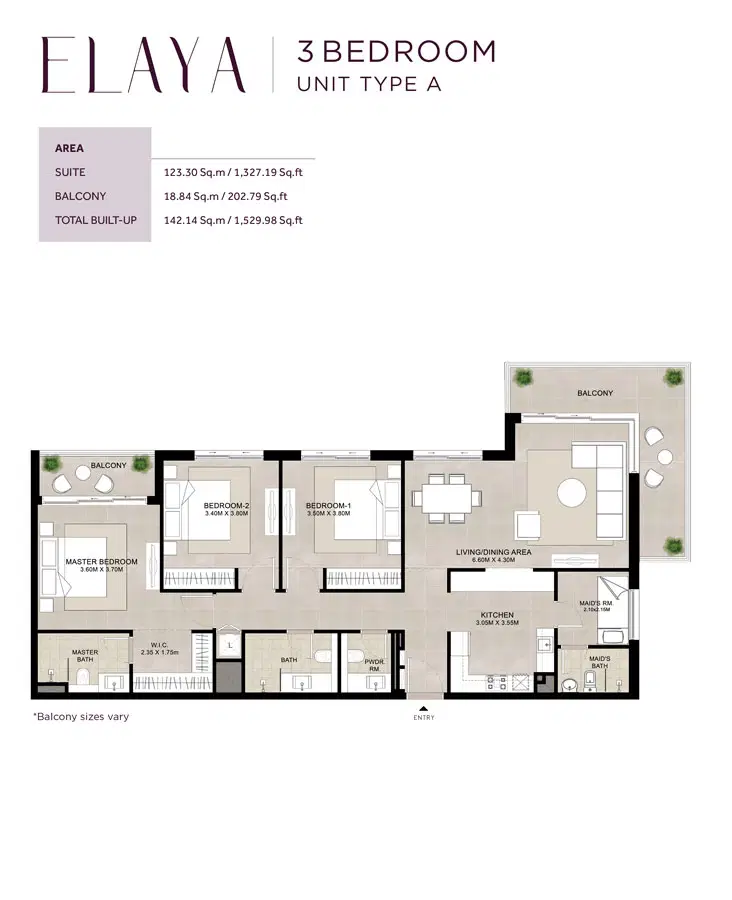Nshama Elaya Town Square Dubai 3 Bedroom Apartments Floor Plan