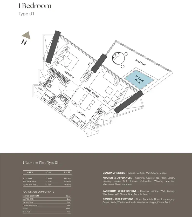 Binghatti Phantom Dubai 1 BR Floor Plan 794 Sq. Ft.