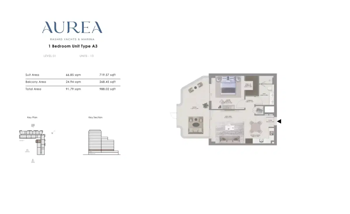 Aurea by Emaar 1 BR Apartment Floor Plan 988 Sq. Ft.