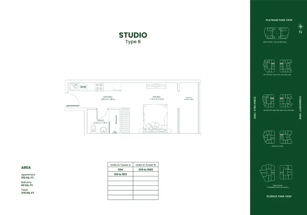 DANUBE Opalz Dubai Studio Floor Plan 376 Sq. Ft.