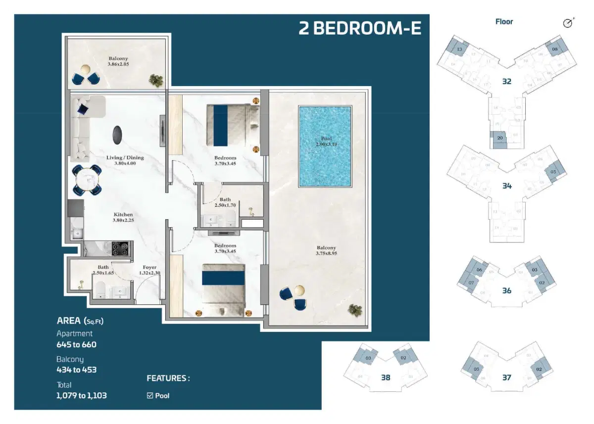 2 BR Floor Plan 1,103 Sq. Ft.