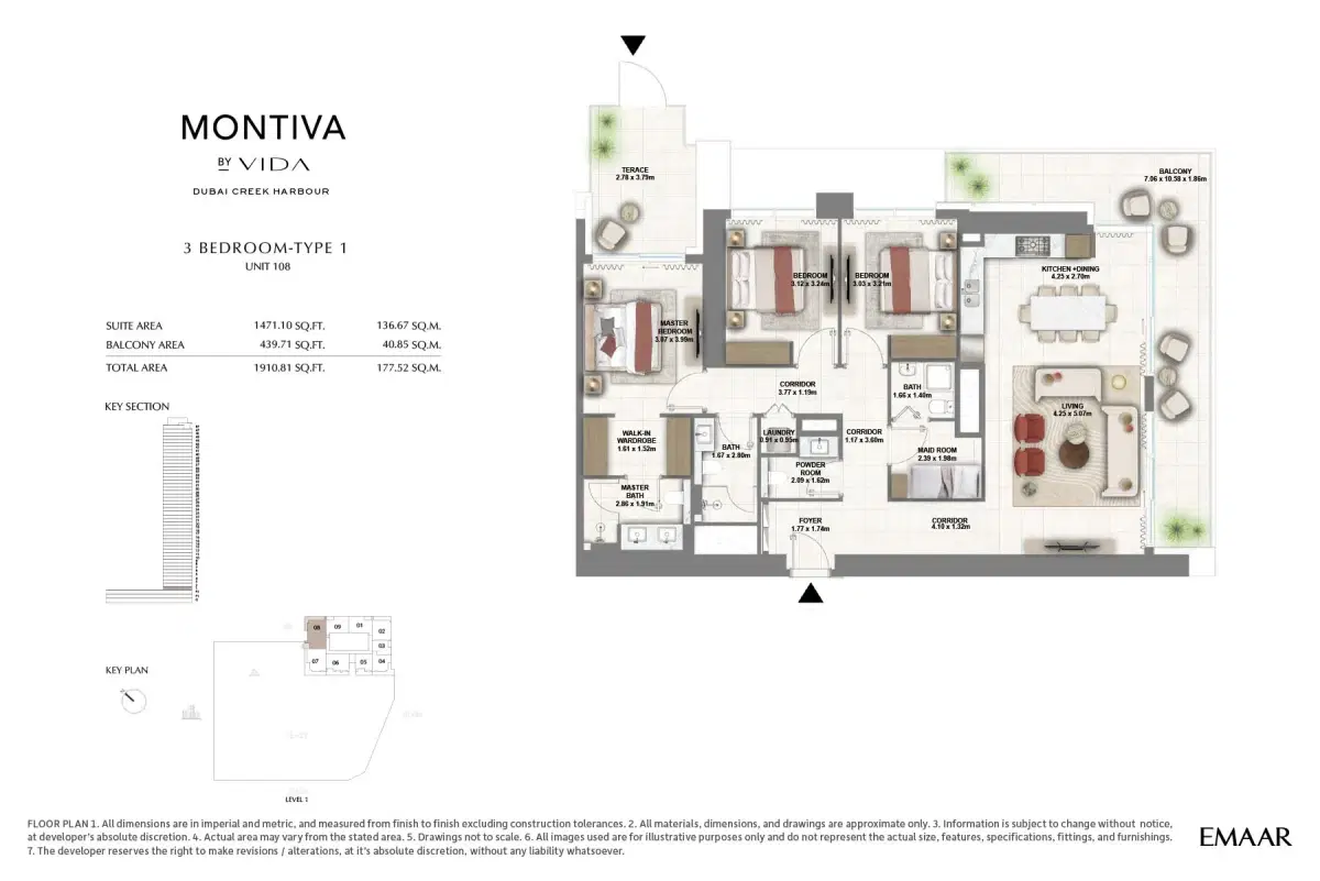 Emaar Montiva by Vida at Dubai Creek Harbour  3 BR Floor Plan 1,911 Sq. Ft.