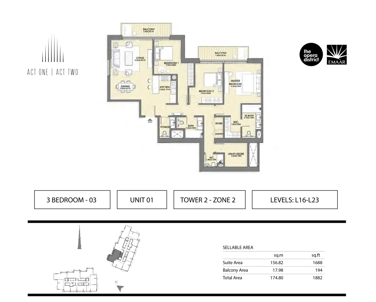 Emaar Act One Act Two 3 BR Apartment Floor Plan