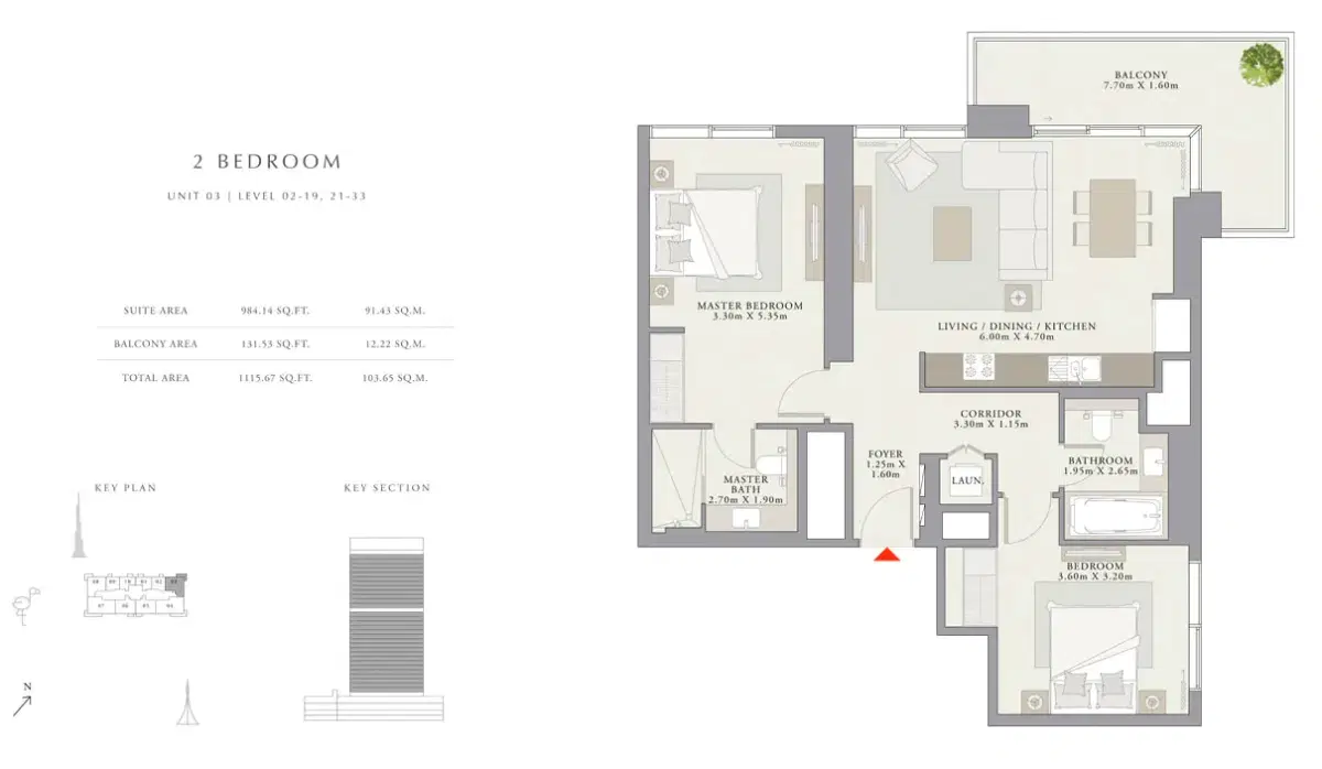EMAAR Creek Palace Dubai 2 BR Floor Plan 1,115 Sq. Ft.
