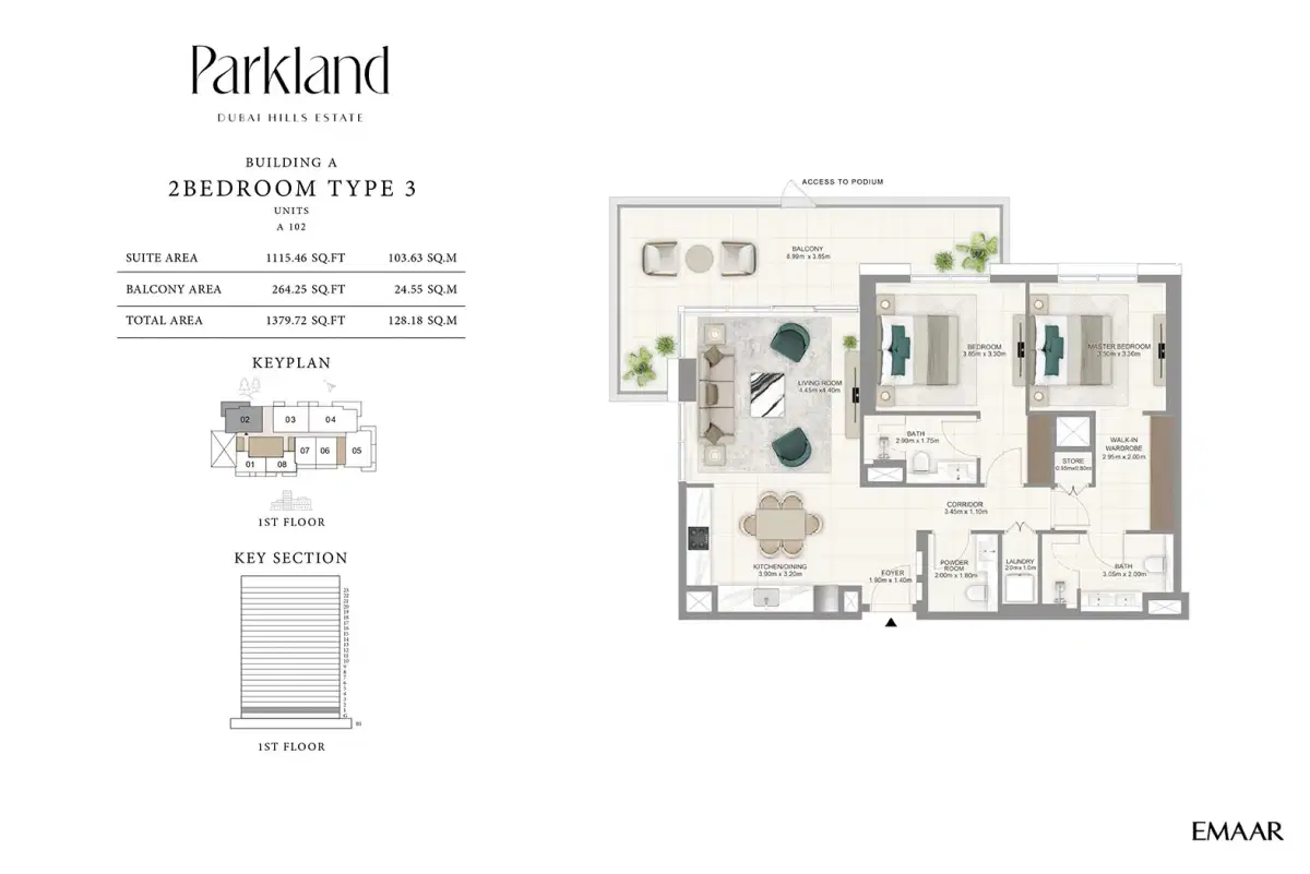 EMAAR Parkland Dubai 2 BR Floor Plan 1,379 Sq. Ft.