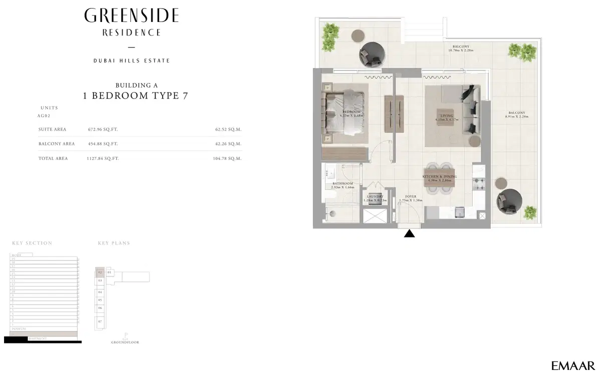 EMAAR Greenside Residence Dubai 1 BR Floor Plan 1,127 Sq. Ft.