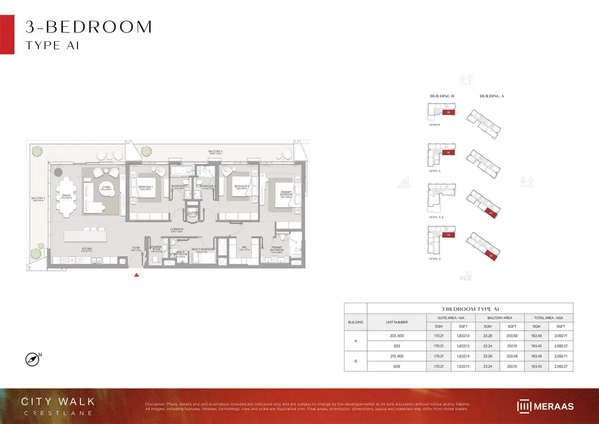 Meraas City Walk Crestlane 5 3 BR Apartment Floor Plan