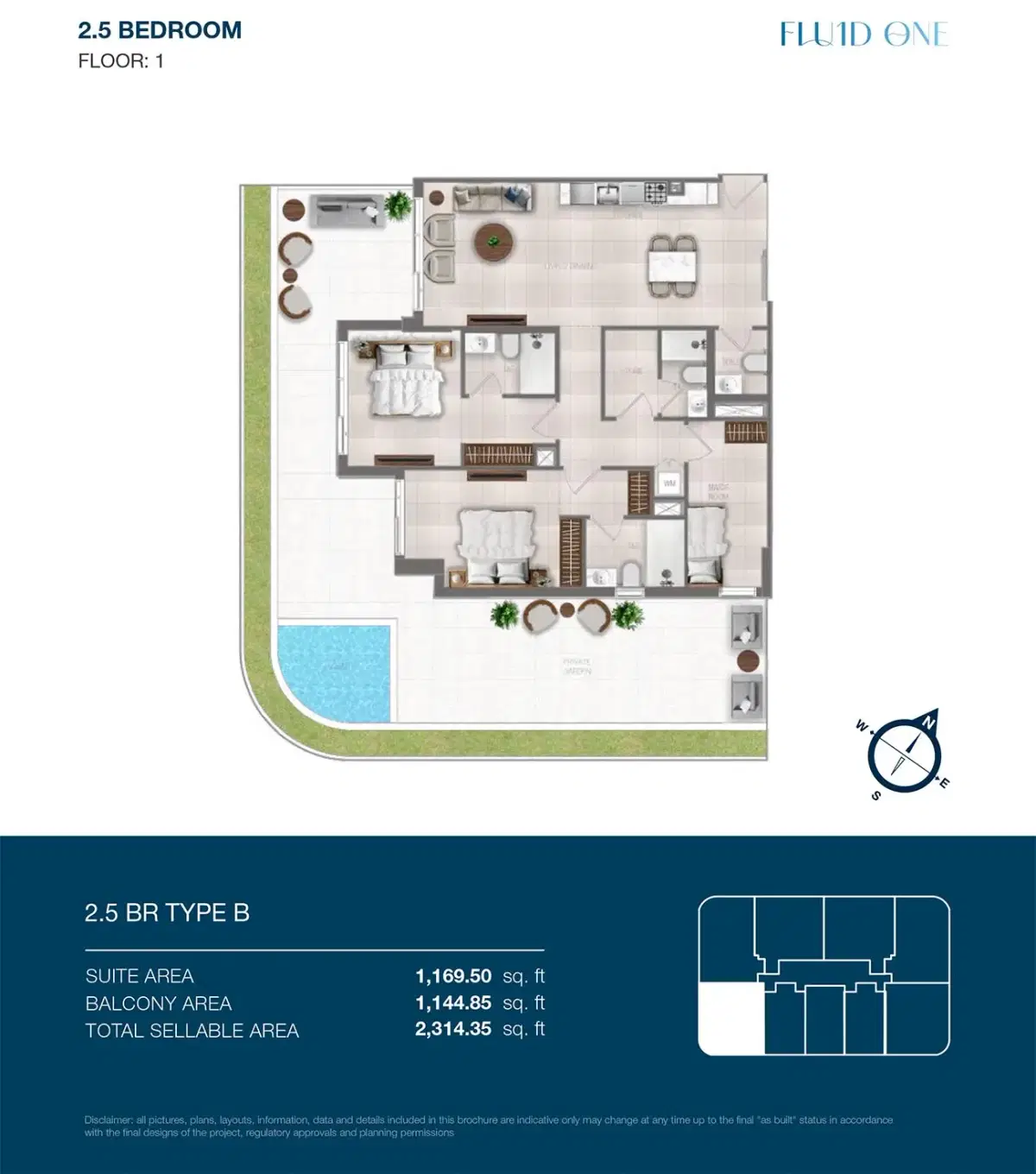 Fluid One by Object One at Dubai Islands 2.5 BR Floor Plan 2,314 Sq. Ft.