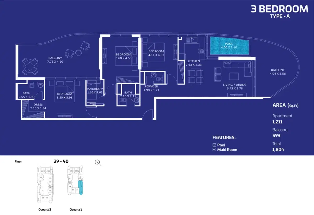 Oceanz by Danube Dubai 3 BR Floor Plan 1,804 Sq. Ft.